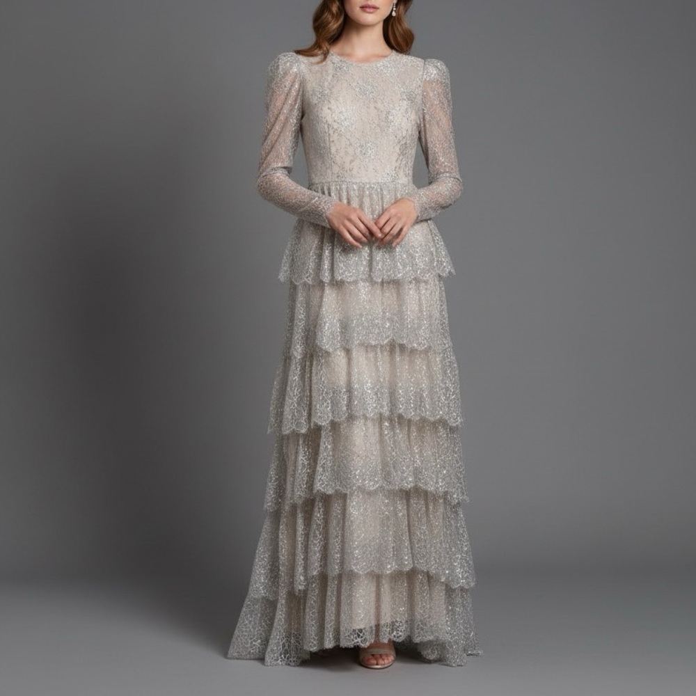 ANTONIO MELANI Metallic Lace Ruffled Maxi Gown Size 4